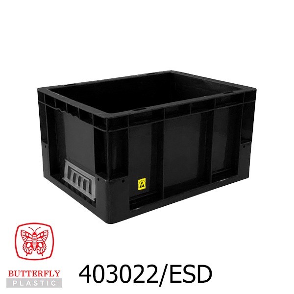 403022 ESD Container — Rectangular container with solid ribbed walls, open top, molded hand-grip cut-outs.