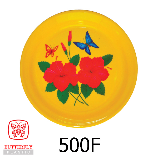 500F Plastic Tea Plate — Round flat plate with a printed floral and butterfly graphic design at the center.