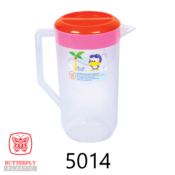 5014 Plastic Water Jug — Pitcher with a side handle, a spout, a fitted lid on top, and a printed graphic on the body.