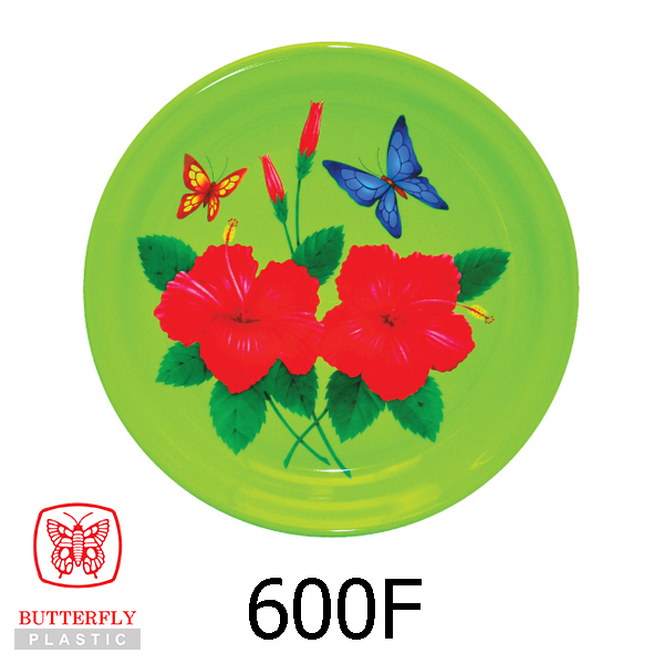 600F Plastic Tea Plate — Round flat plate with a printed floral and butterfly graphic design at the center.