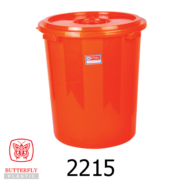 2215 15 Gallons Plastic Pail with Cover — Round pail with a flat lid fitted on top, molded side tabs.