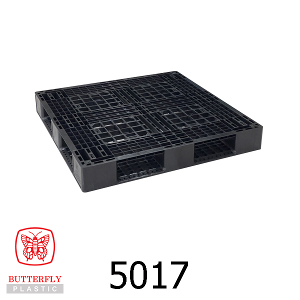 5017 Export-Grade Plastic Pallet — Rectangular pallet with a gridded, perforated deck surface and a reinforced border frame.