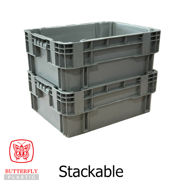 5504 Stackable & Nestable Crate — Rectangular crate with solid walls, open top, ribbed sides, cut-out hand grip.